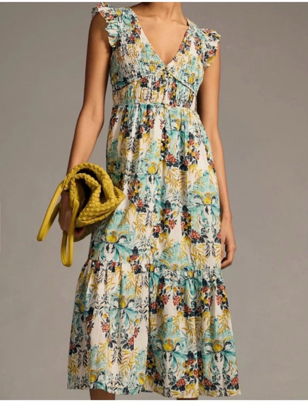 Floral Smocked V‑Neck Midi Dress in Cream and Teal
